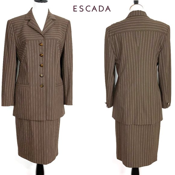 Escada Jackets & Blazers - ESCADA Pinstripe Brown Wool Suit Blazer & Skirt Career Business Sz 42-44 (8-10)